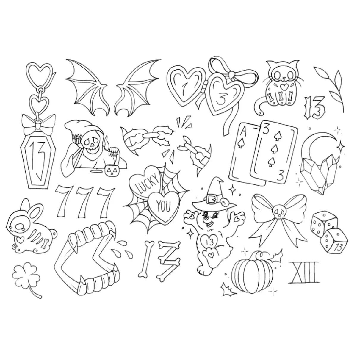Halloween Flash Designs Lucky 13 Friday Cards Goth Teddy Bear Pumpkin Tattoo Fineline