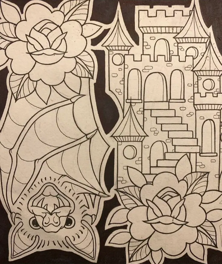 Bat Castle Tower Rose English Traditional Oldschool Tattoo Design