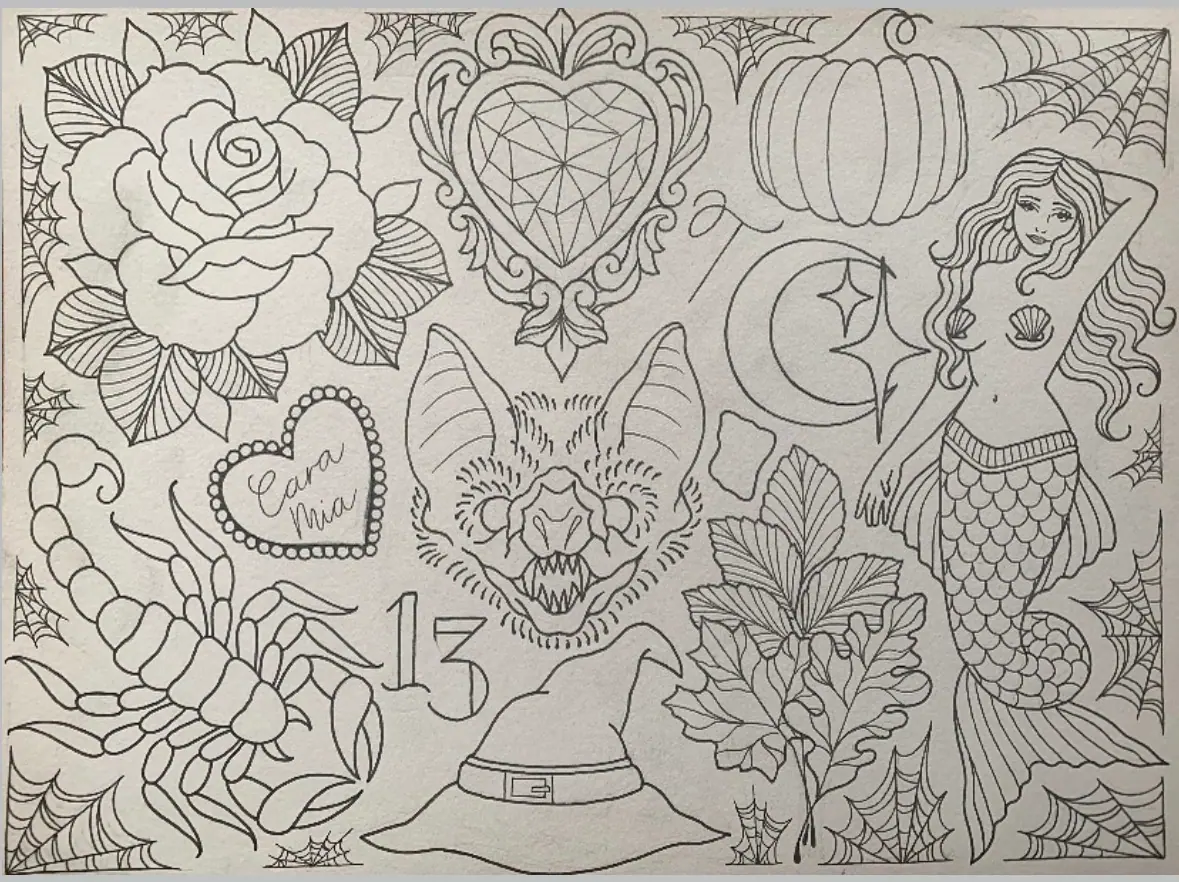 Halloween Mermaid Bath Pumpkin Rose 13 Lucky Scorpio Witch Hat Magic Tattoo Design