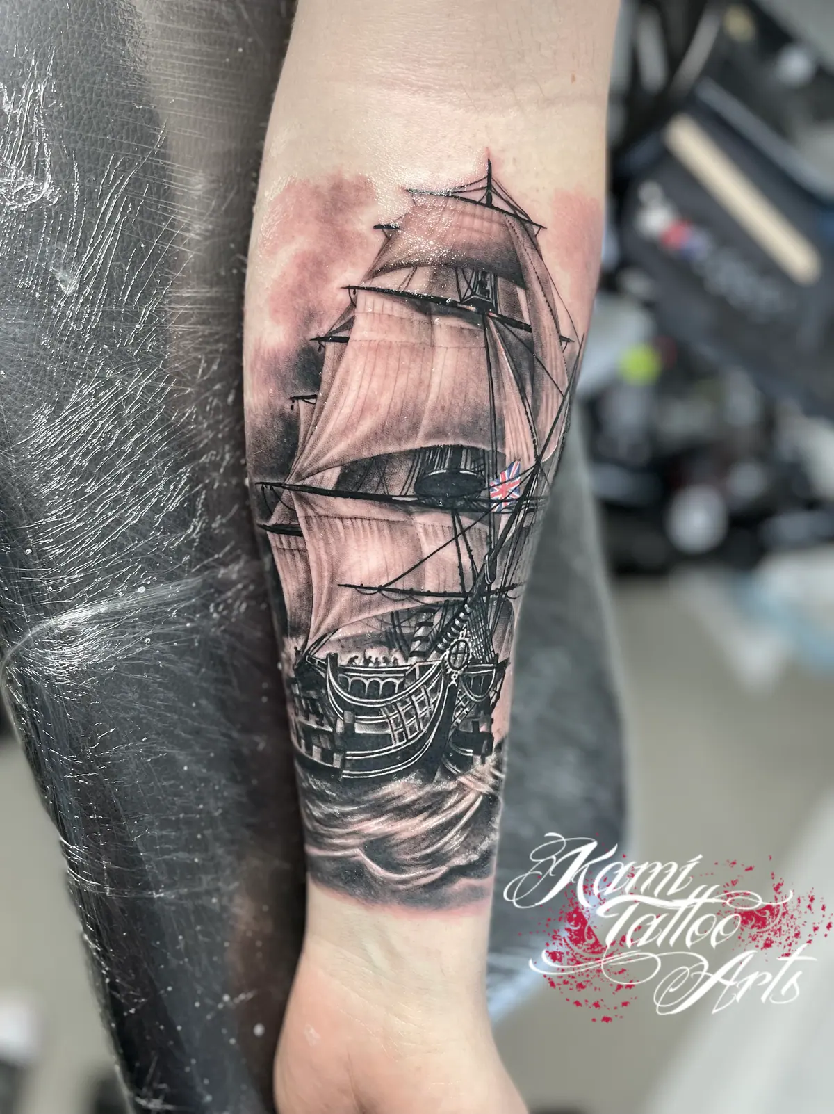 Blackwork Realism British Ship Sea Tattoo