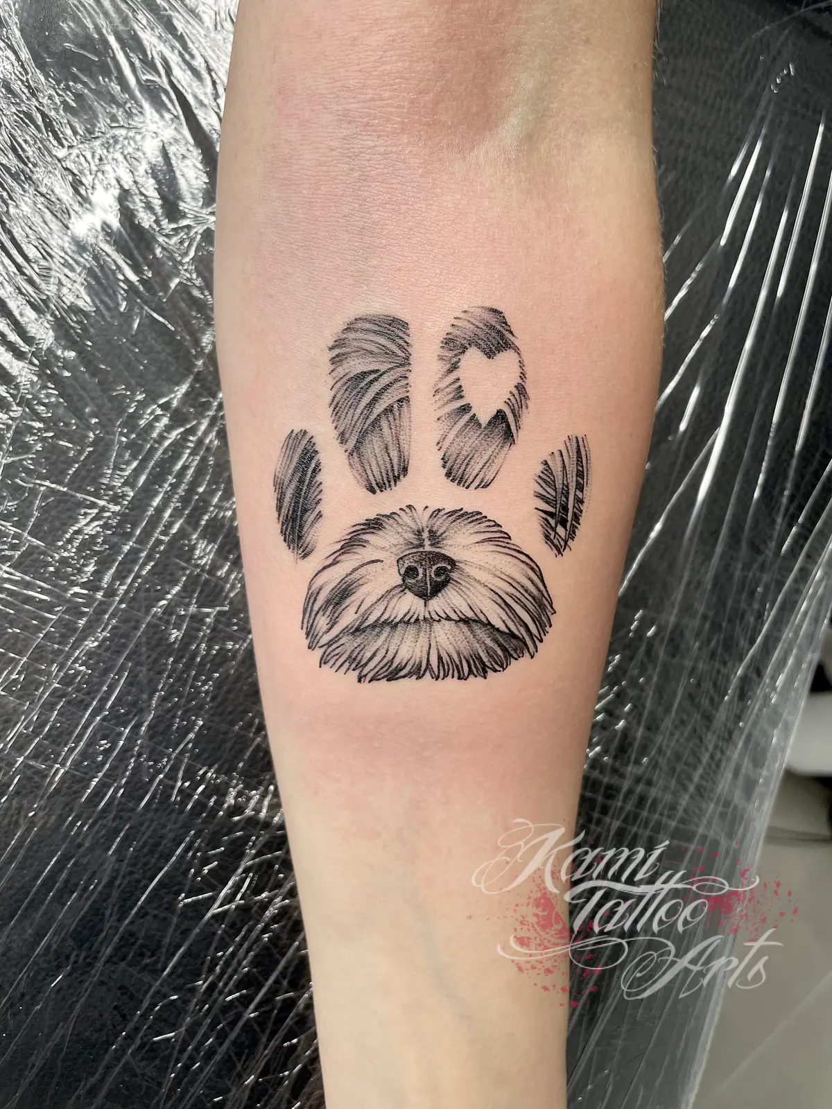 Blackwork Dog Paw Print Portrait Groomer Tattoo