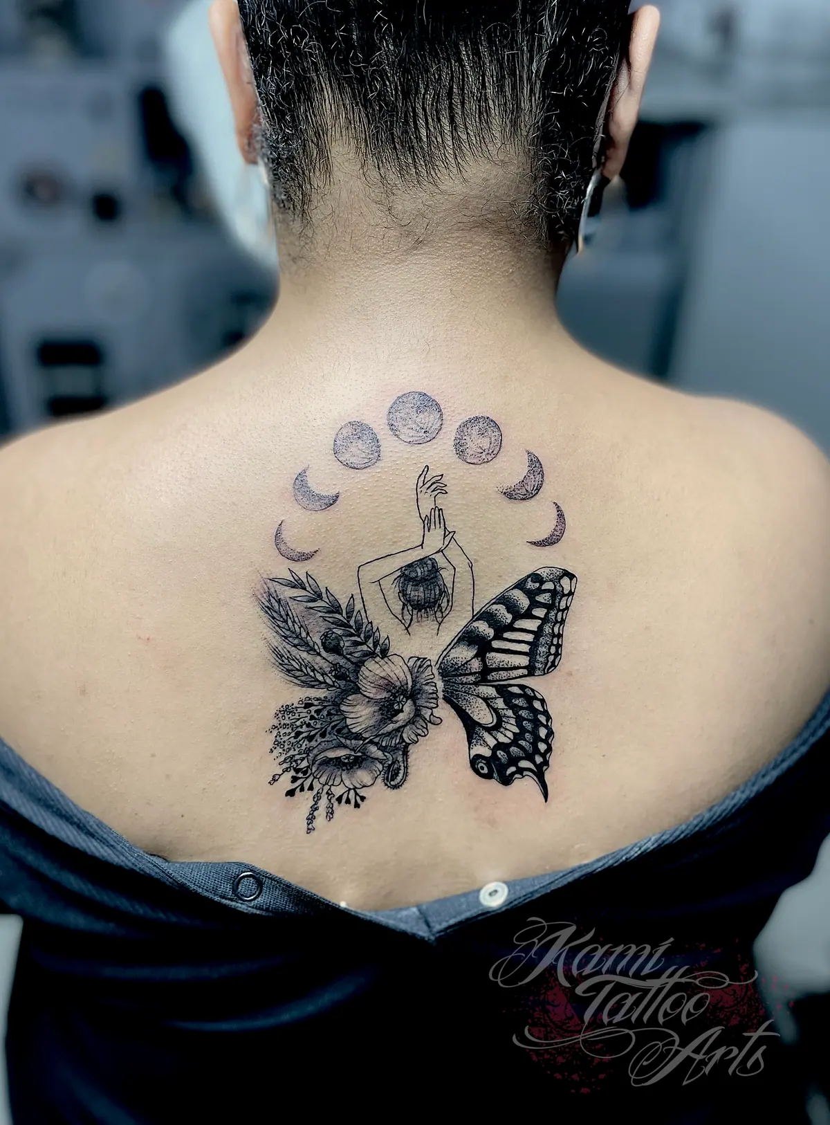 Blackwork Fineline Tattoo Butterfly Flowers Fine Line Woman Moon Phases