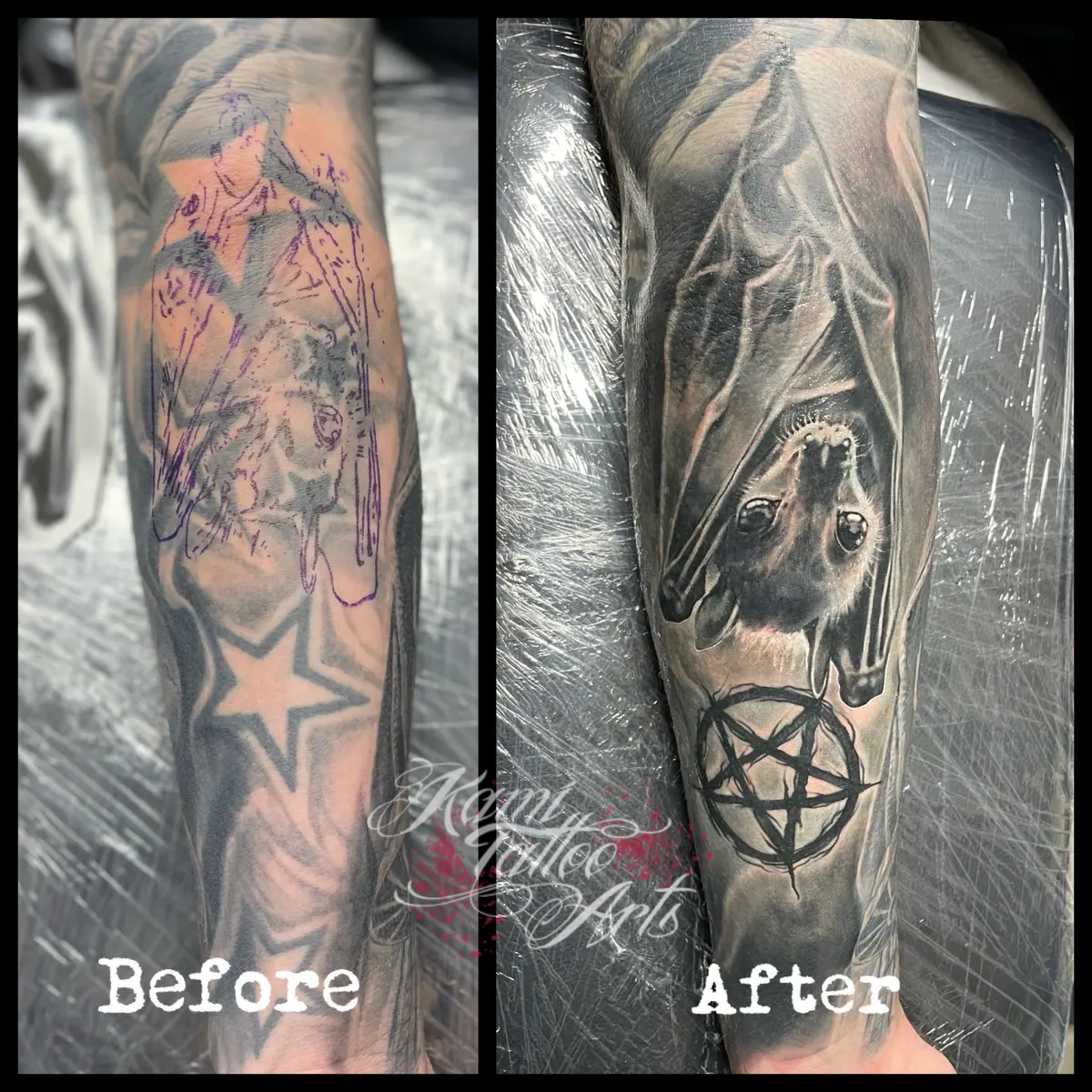 Realism Tattoo Bat Cover Up Coverup Black Grey Pentagram