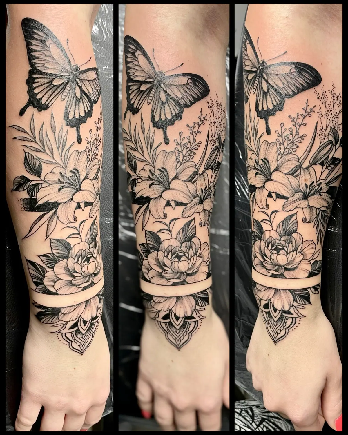 Butterfly Fineline Flowers Delicate Woman Tattoo Lilies Mandala Band