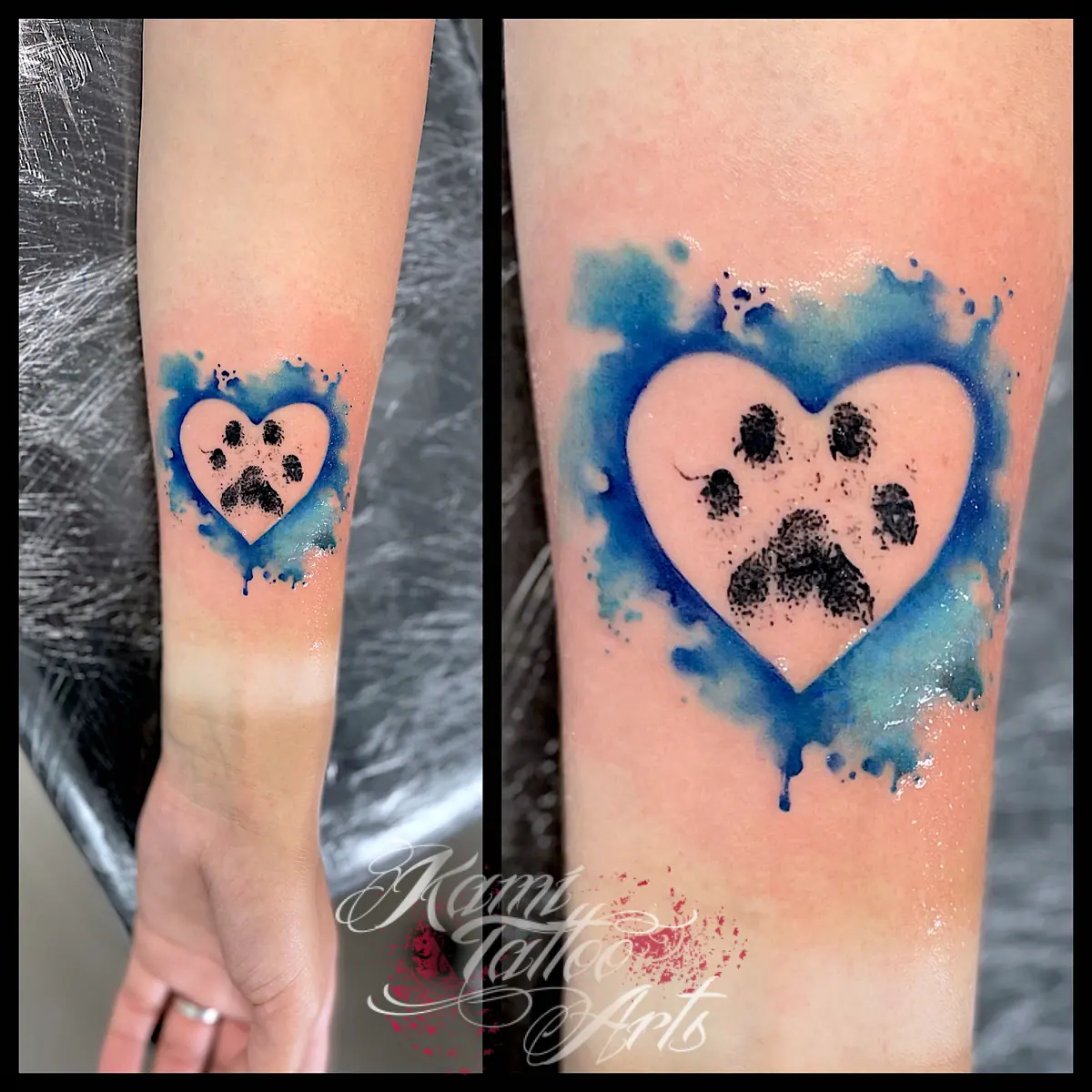 Cat Memorial Paw Print Watercolour Heart Tattoo