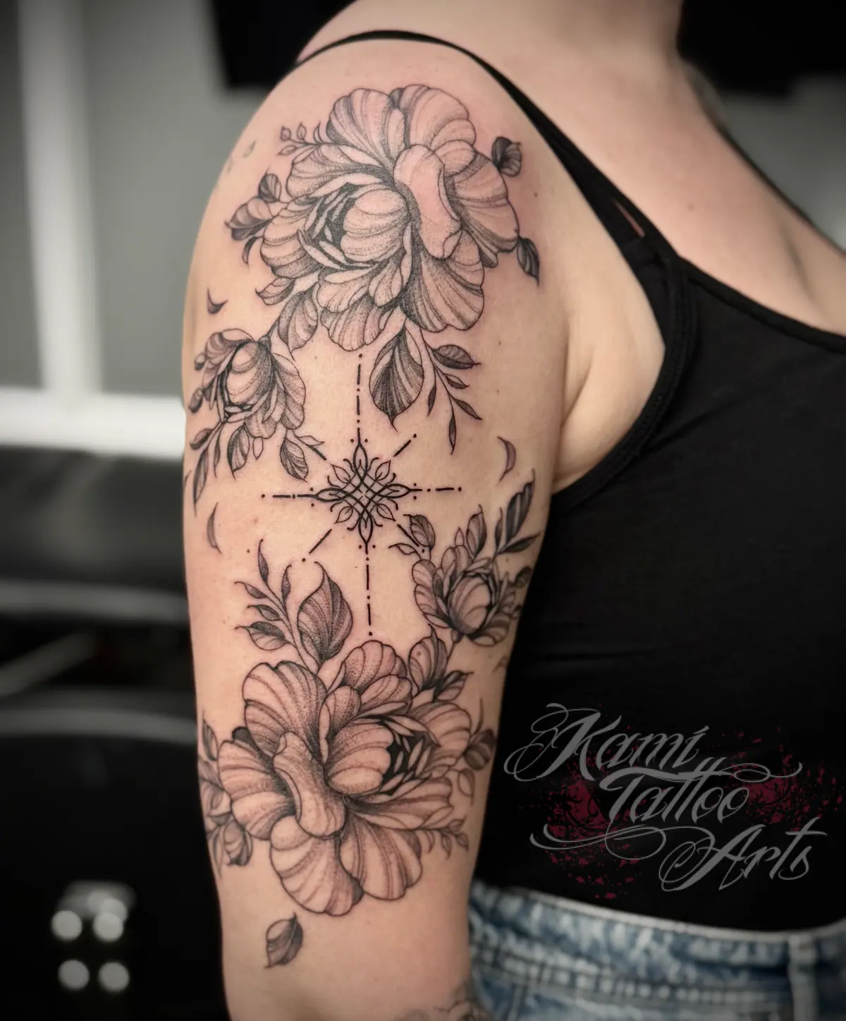 Fineline Flowers Peonies Ornamental Mandala Tattoo