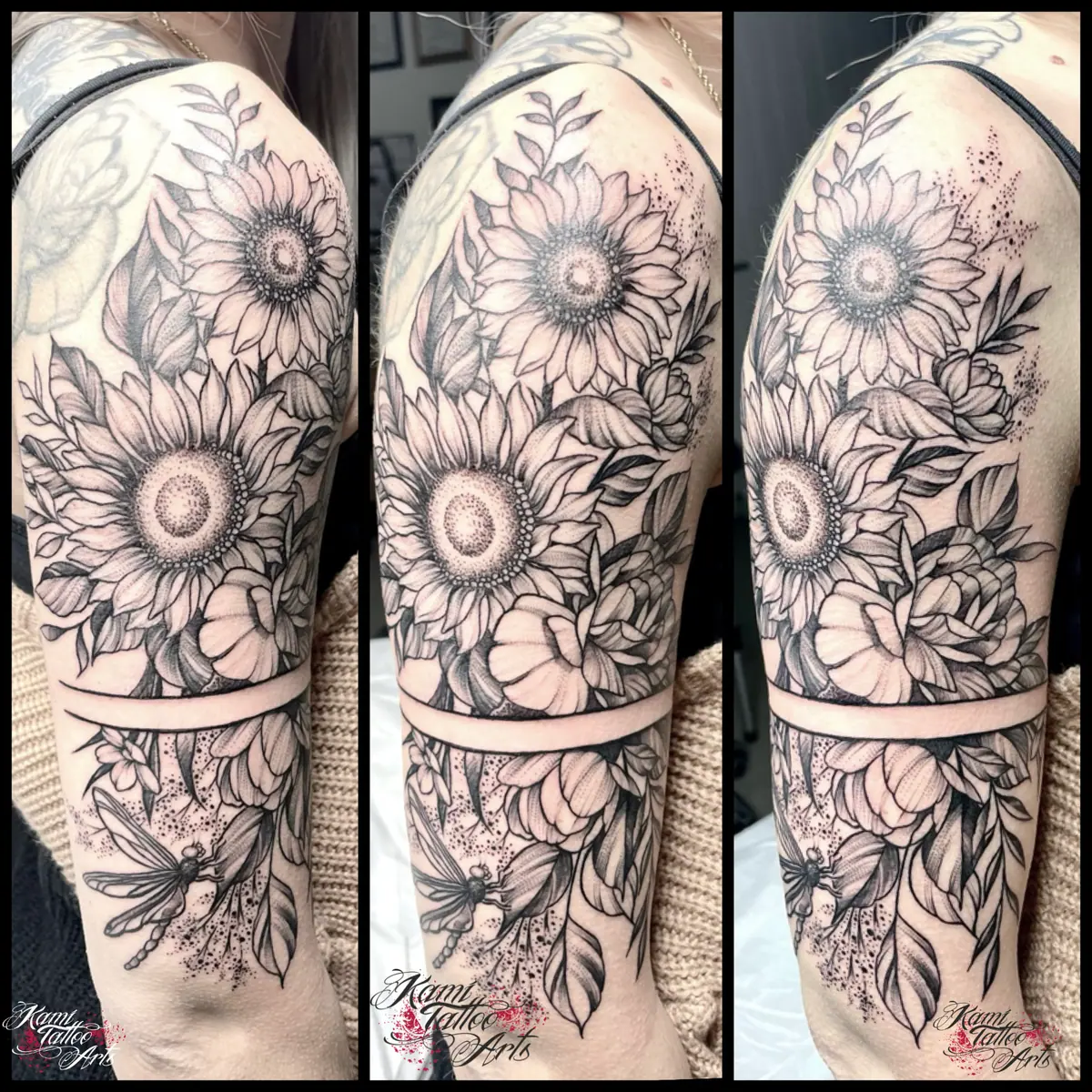 Fineline Linear Outline Sunflowers Dragonfly Delicate Women Tattoo