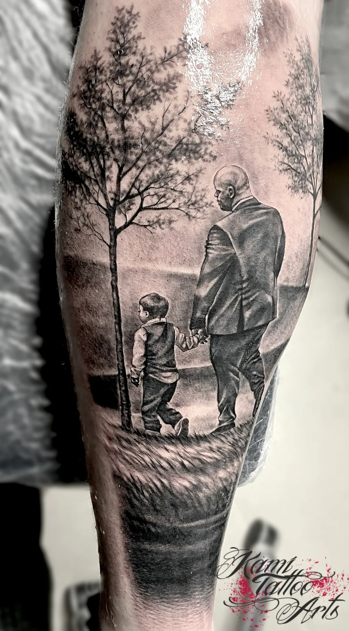 Like Father Like Son Family Tattoo Greywash Blackwork Realism From Photograph
