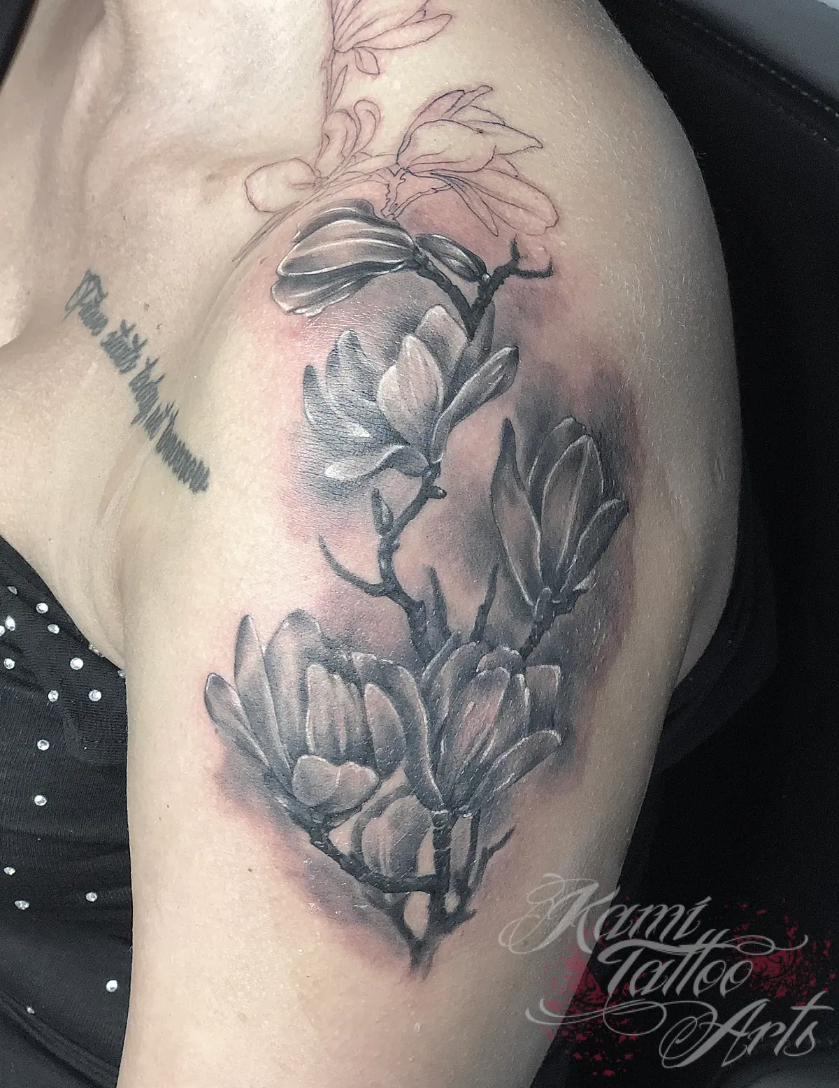 Magnolia Tattoo In Progress Greywash Realism Tattoo