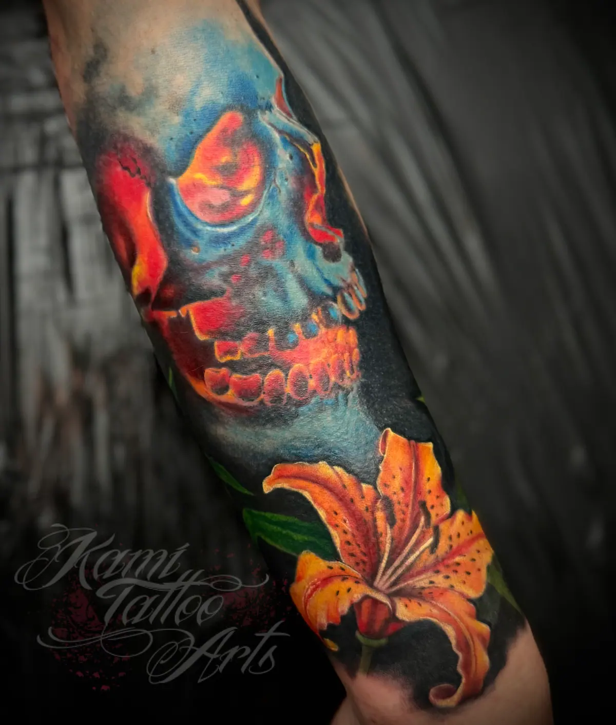 Realism Tattoo Skull Lilies Lily