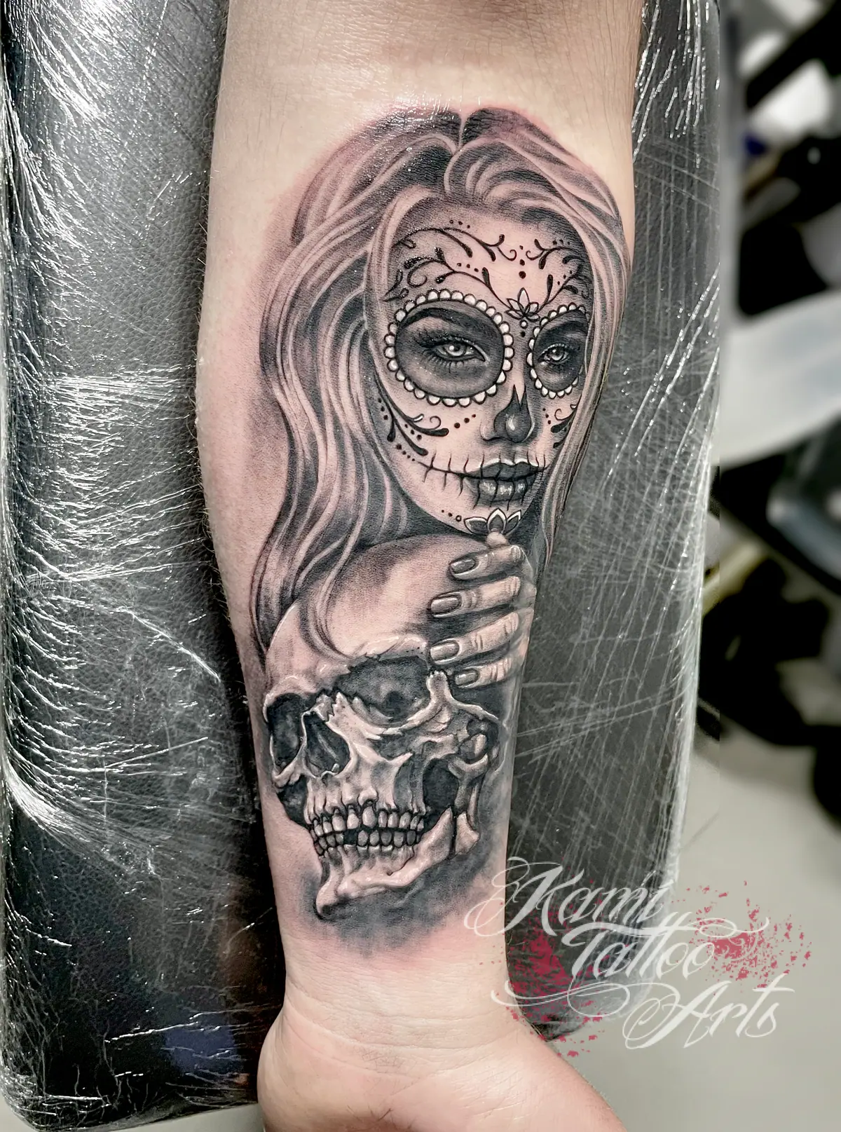 Sugar Skull Santa Muerte Greywash Tattoo