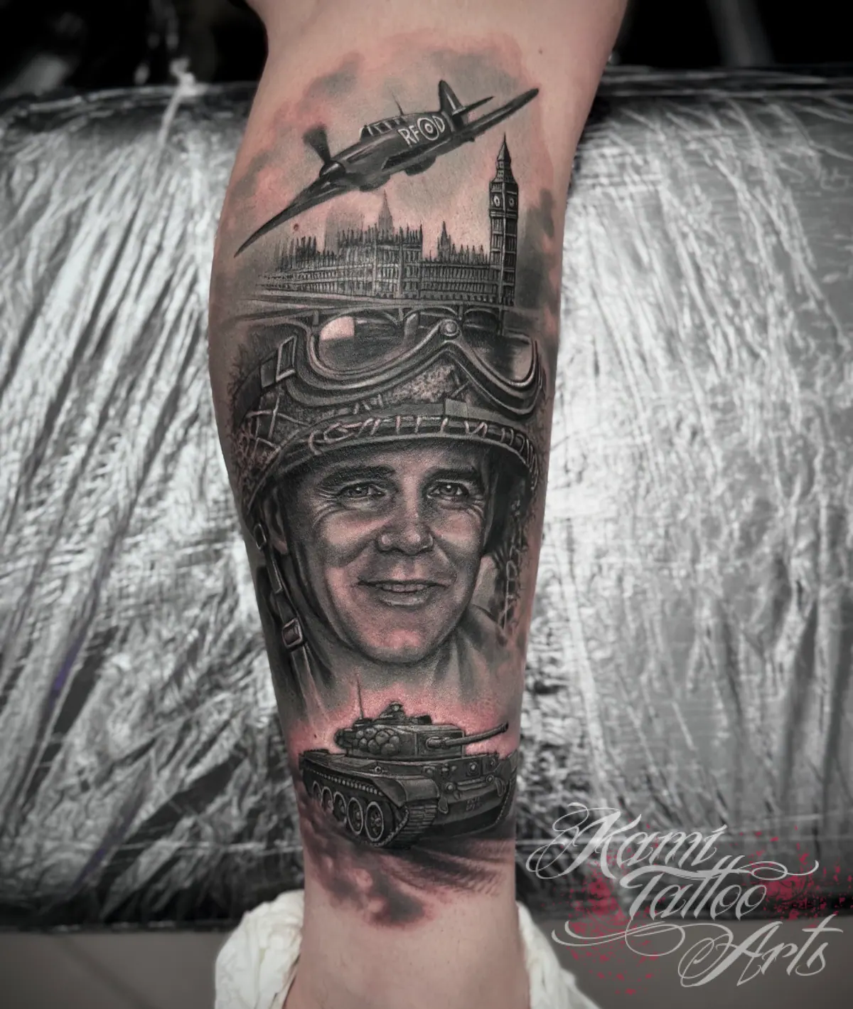 War Tattoo Soldier Grandad Portrait Tattoo Tank Aircraft Plane 303 London Parliament