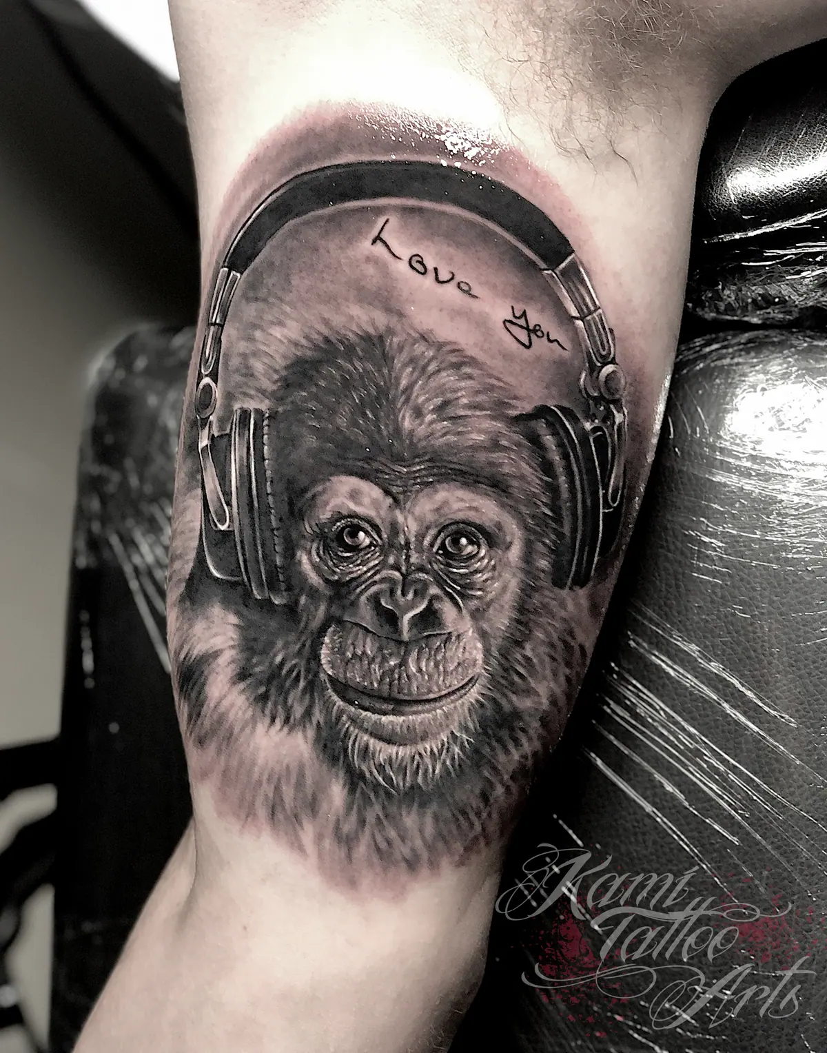 Realism Portrait Baby Chimpanzee Headphones Love You Tattoo