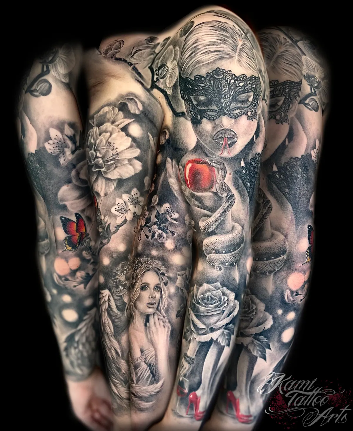 Realism Black Grey Angel Snake Woman Apple High Heels Red Butterfly Rose Flowers Tattoo Orchid Sakura