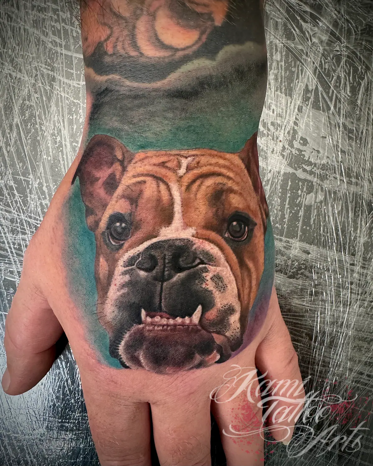 Realism Dog Memorial Tattoo Portrait Bulldog Hand Tattoo