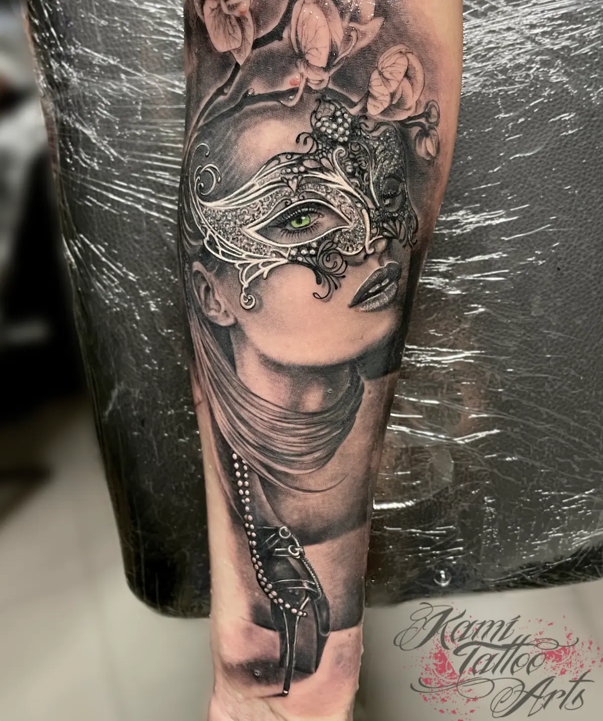 Venetian Mask Lady Blackwork Greywash Realism Tattoo