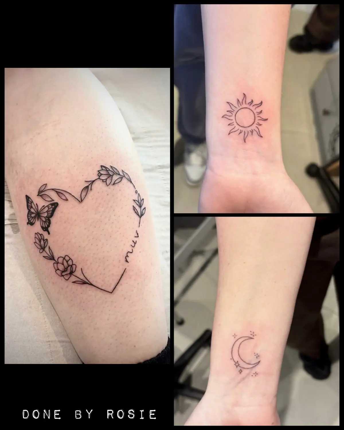 Fineline Fine Line Heart Butterfly Flowers Sun Moon Tattoo