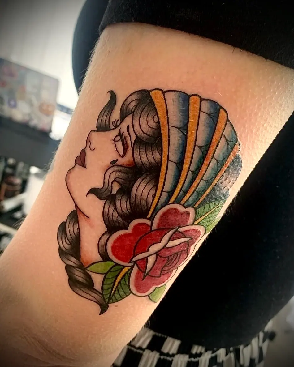 Traditional Woman Lady Portrait Flower Tattoo Rosie