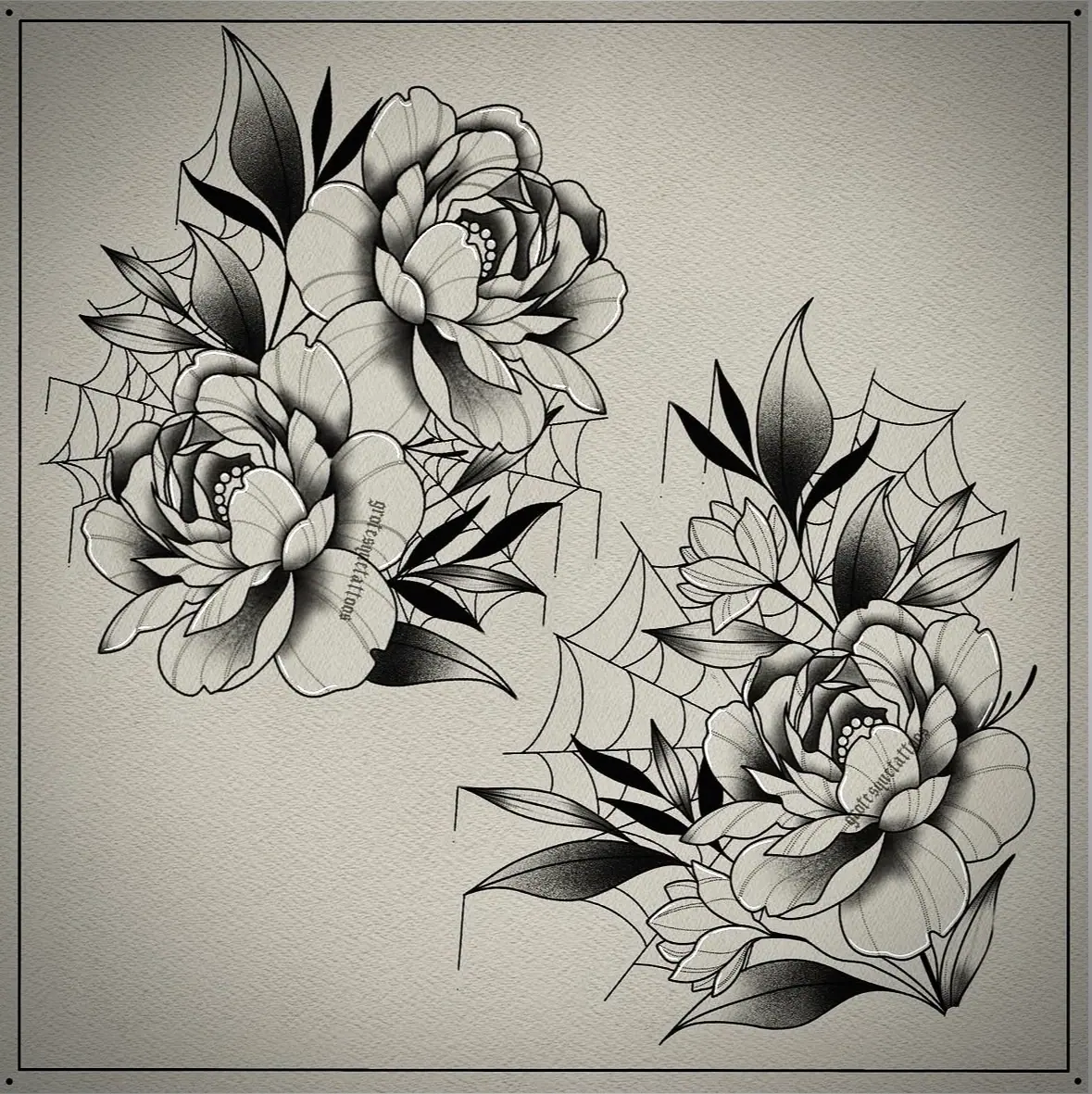 Peonies Halloween Cobwebs Tattoo Design